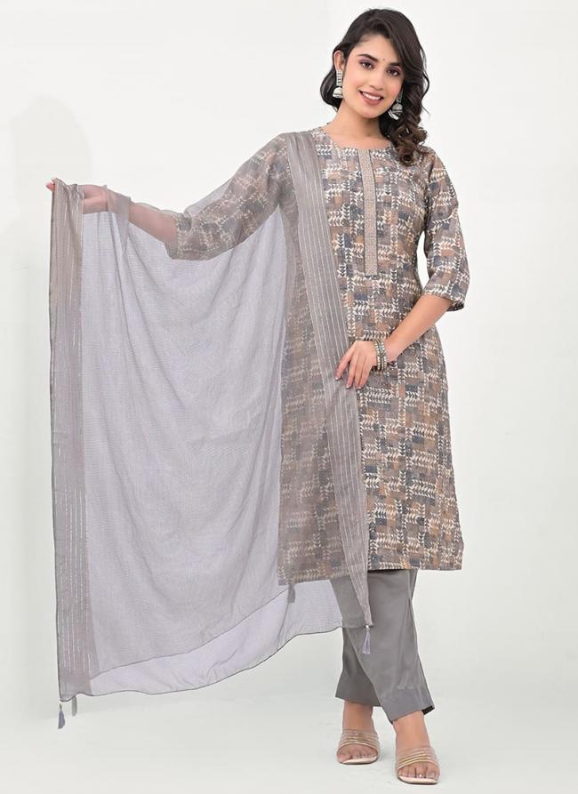 Modal Grey Daily Wear Printed Readymade Kurti With Pant And Dupatta